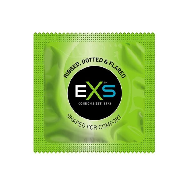 Презервативи Exs Ribbed, мають ребра, крапки та розширений кінець